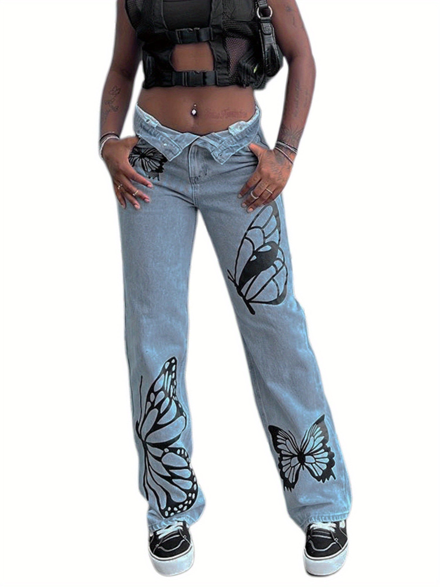 Womens Straight Leg Boyfriend Jeans, High Waist Butterfly Print Loose Denim Pants